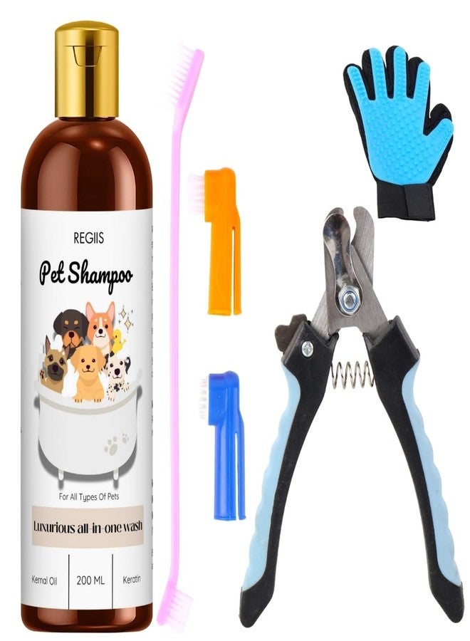 مجموعة ريجيس للعناية بالحيوانات الأليفة مع شامبو للكلاب، غسول فاخر شامل، 200 مل، تتضمن قفازًا للعناية، مقص أظافر، فرش (عبوة من 4 قطع) - Image 1